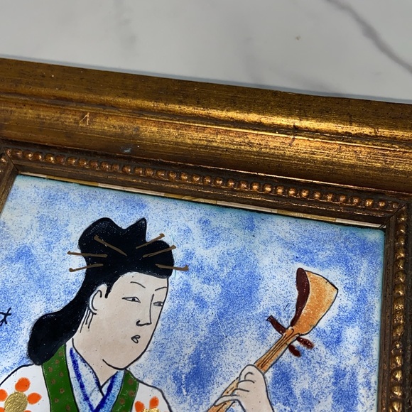 Hand Made Japanese Person Playing Instruments Signed on Gold Tone Wooden Frame - Picture 17 of 17